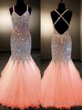 Trumpet/Mermaid V-neck Floor-Length Tulle Semi Formal Prom Dresses With Rhinestone
